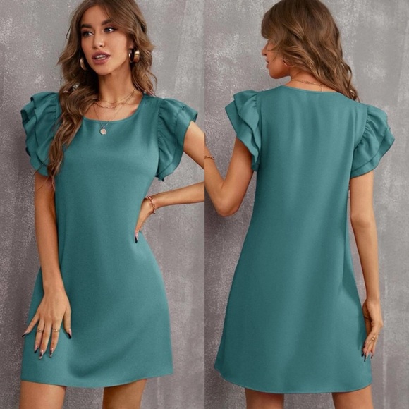 Ruffle frill layered short sleeve tunic dress business casual cocktail baby blue - Picture 7 of 11